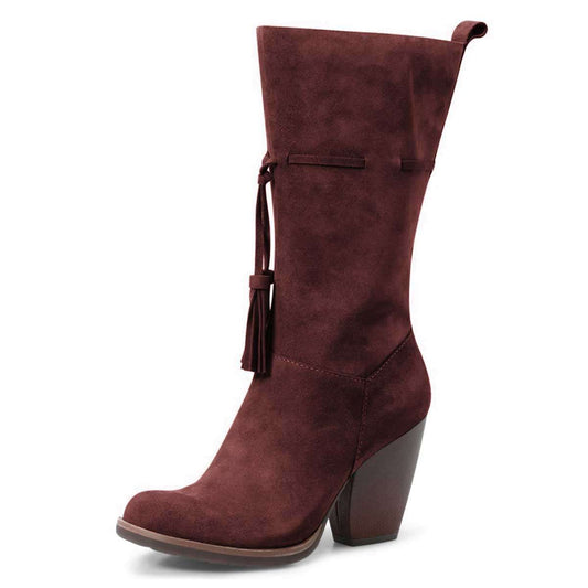 Maroon Closed Toe Tasseled Tie Front Chunky Heel Mid Calf Boots