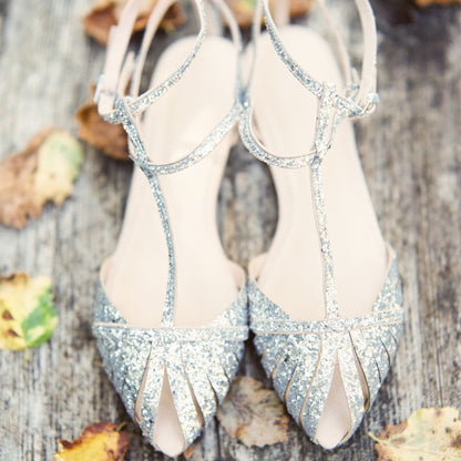 Silver Glitter Wedding Flats Pointed Toe Cut Out T-Strap Sandals