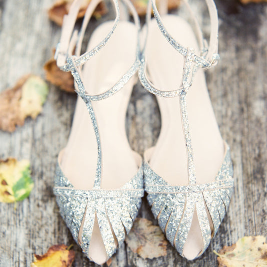 Silver Glitter Wedding Flats Pointed Toe Cut Out T-Strap Sandals