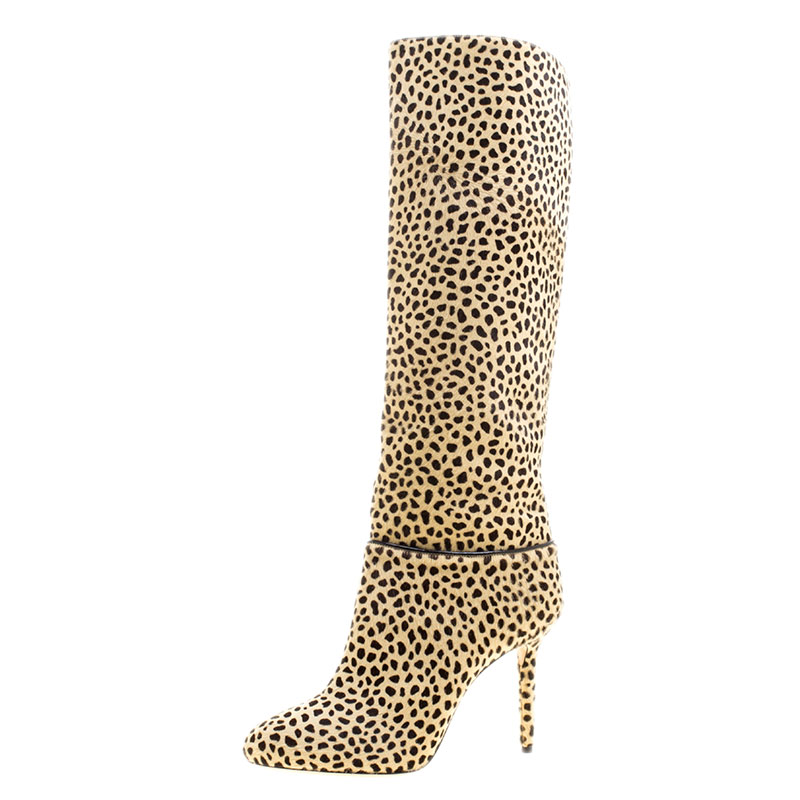 Khaki Leopard Print Stiletto Heels Round Toe Knee High Boots