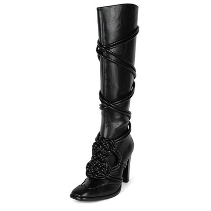 Black Square Toe Chunky Heel Rope Knot Knee High Boots