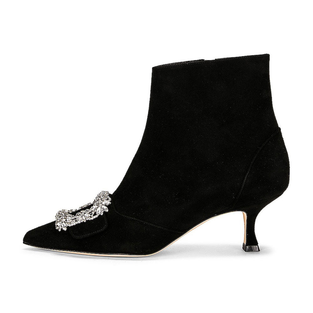 Black Pointed Toe Kitten Heel Ankle Boots with Rhinestone Buckle