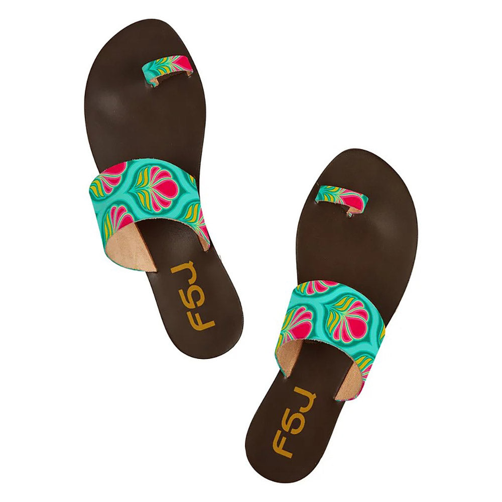 Stylish Green Floral Print Beach Flats Summer Toe Ring Sandals