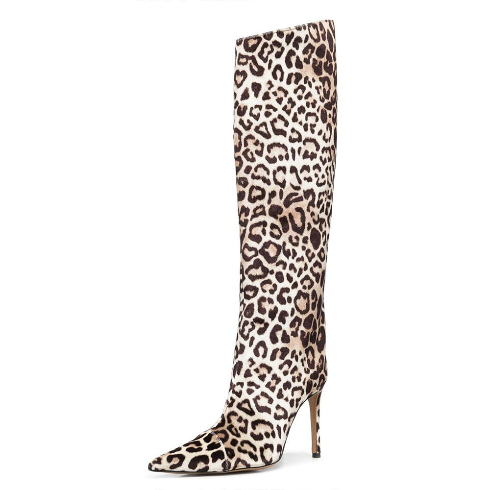 Brown Leopard Print Shoes Pointed Toe Stiletto Heel Knee High Boots