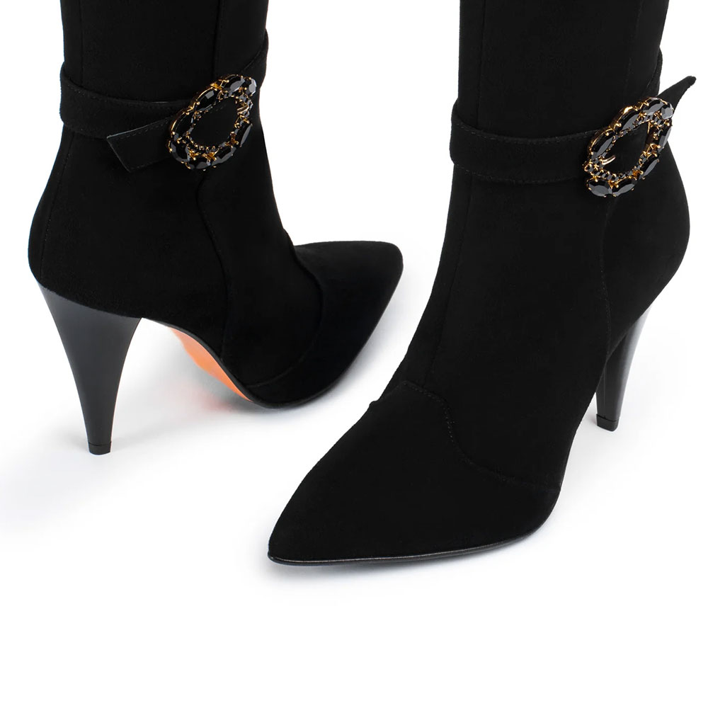Black Cone Heel Crystal Buckle Strap Vegan Suede Knee High Boots