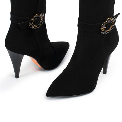 Black Cone Heel Crystal Buckle Strap Vegan Suede Knee High Boots