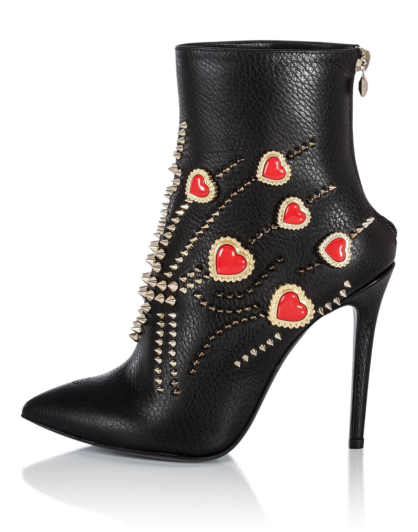 Black Pointed Toe Red Heart Studded Stilettos Ankle Boots with Zipper