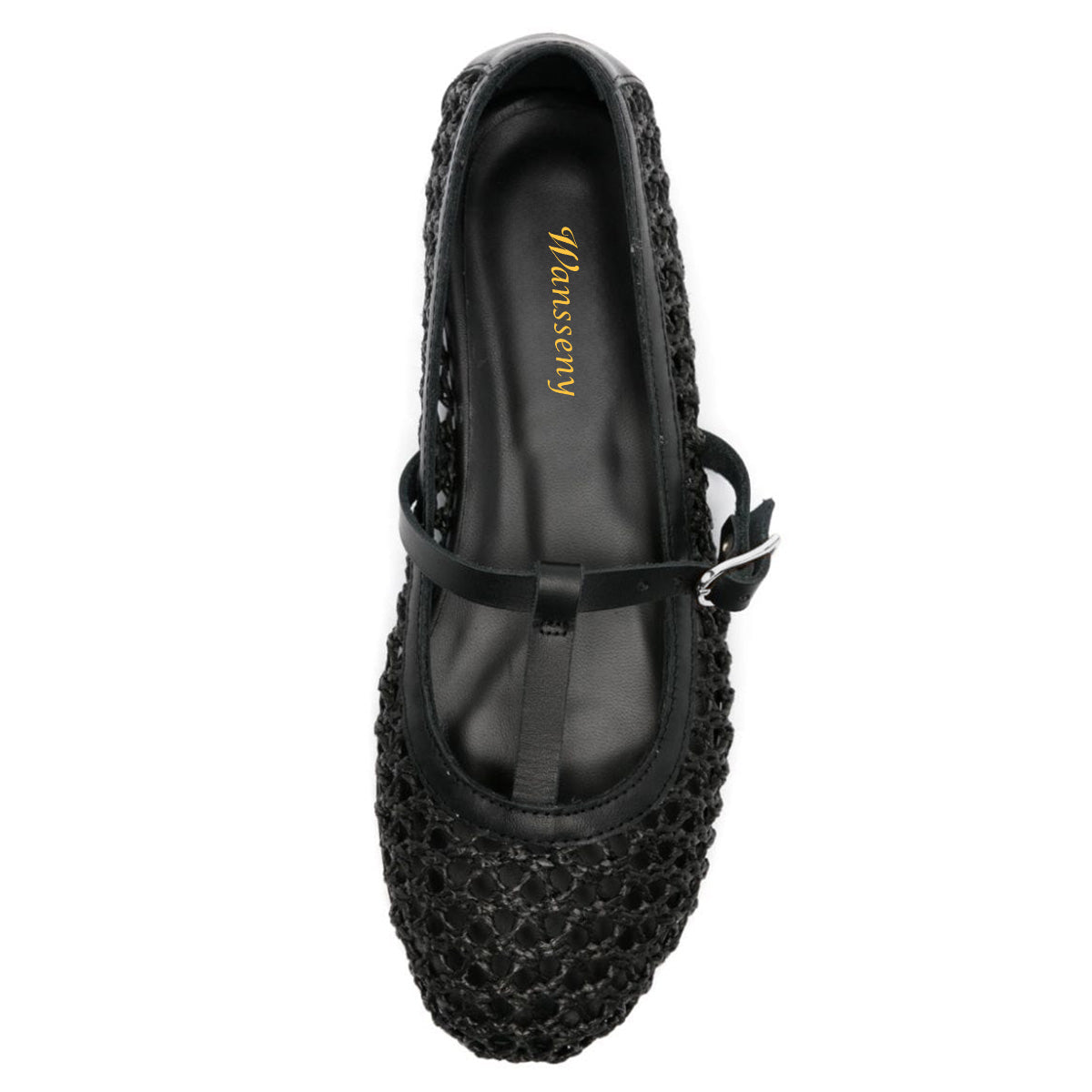 Black Raffia Woven Cut-Out T-Strap Rhinestone Buckled Ballet Flats