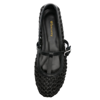 Black Raffia Woven Cut-Out T-Strap Rhinestone Buckled Ballet Flats