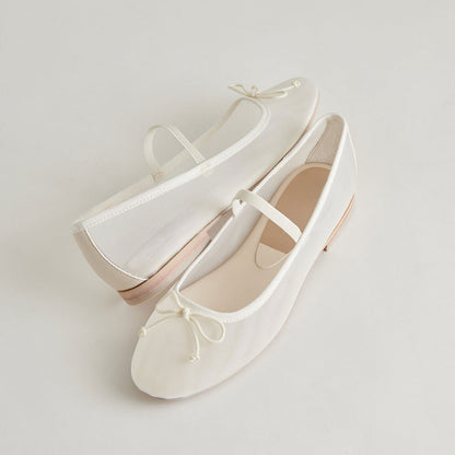 FSJ Comfortable White Mesh Round Toe Bow Decor Ballet Flats