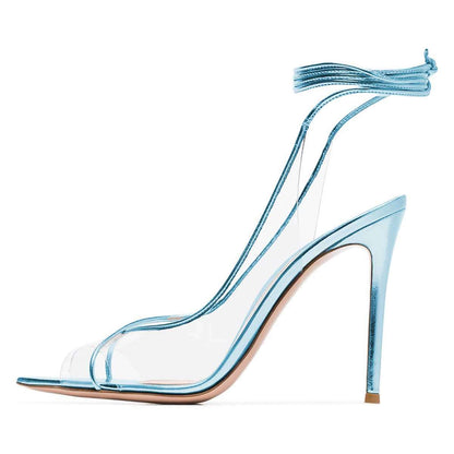 Women's Strap Around Ankle Clear Heels Peep Toe Pumps in Blue