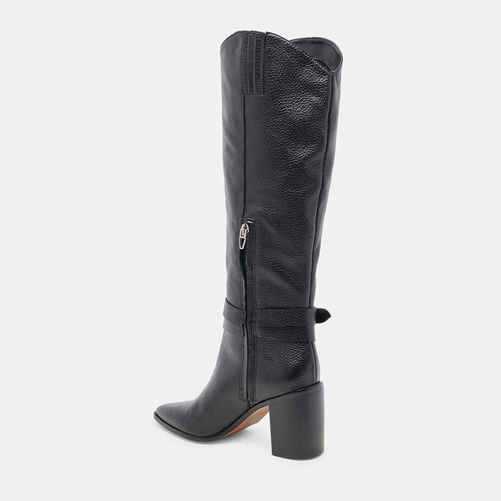 Black Buckle Strap Pointed Toe Block Heel Knee High Boots with Zipper