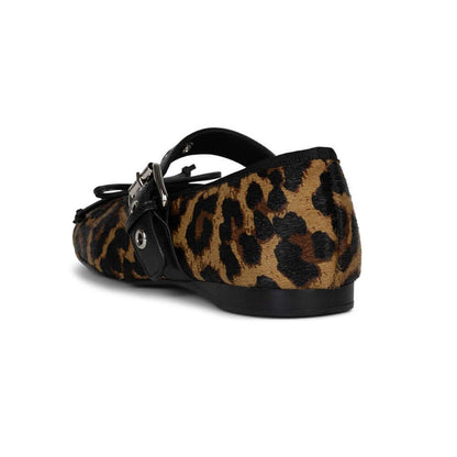 Leopard Print Square Toe Bow Studded Buckle Strap Ballet Flats