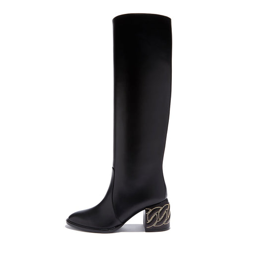 Classic Black Round Toe Decorative Block Heel Knee High Boots