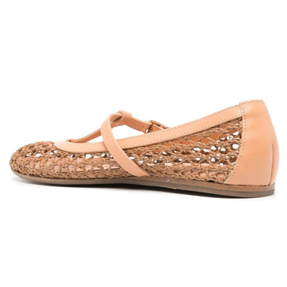 Nude Raffia Woven Cut-Out T-Strap Ballet Flats with Rhinestone Buckle
