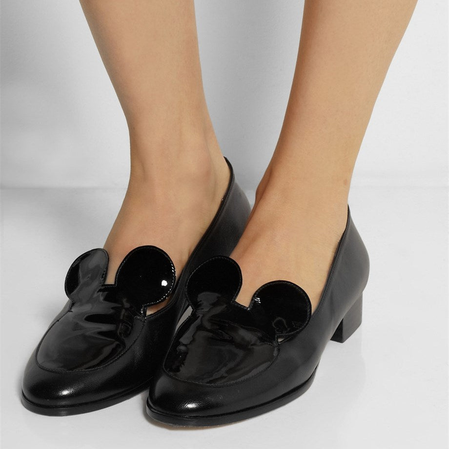 Black Mousey Patent Leather Patchwork Low-Heel Women's Loafers