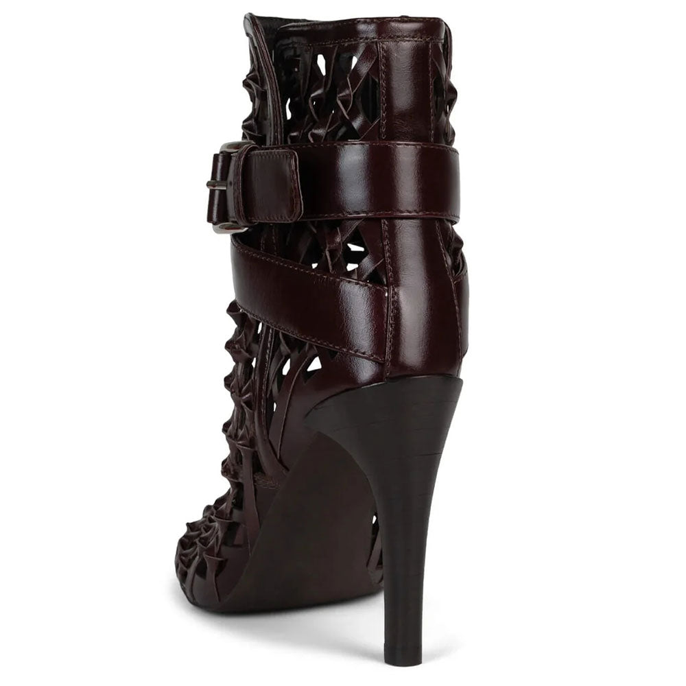 Brown Woven Detail Round Toe Heeled Buckle Stylish Boots for Ladies