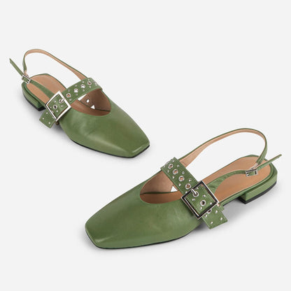 Green Vegan Leather Square Toe Grommet Strap Slingback Flats
