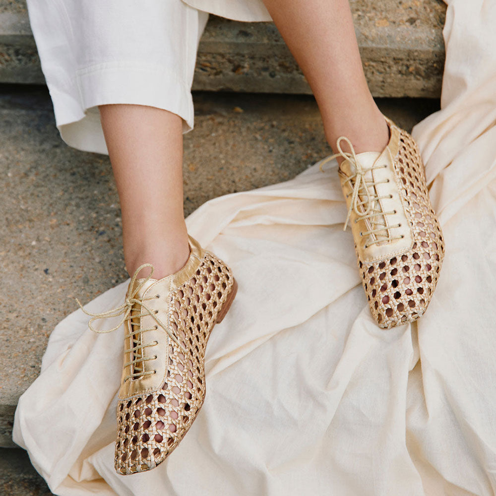 Vegan leather Square Toe Woven Flats Lace-Up Shoes in Gold