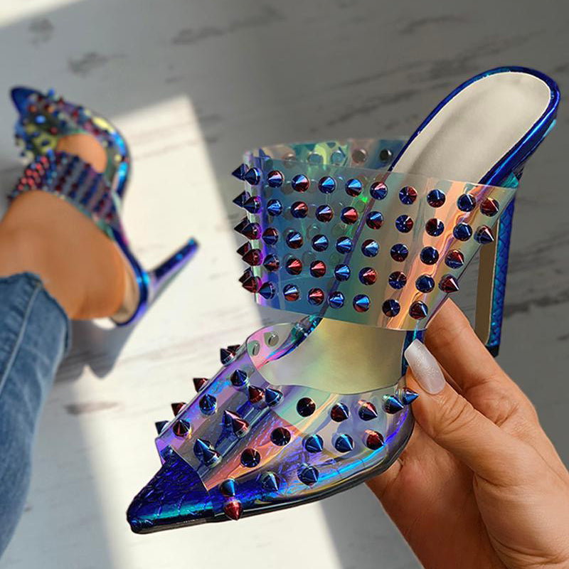 Women's Holographic Pointed Toe Studded Decor Heeled Mules