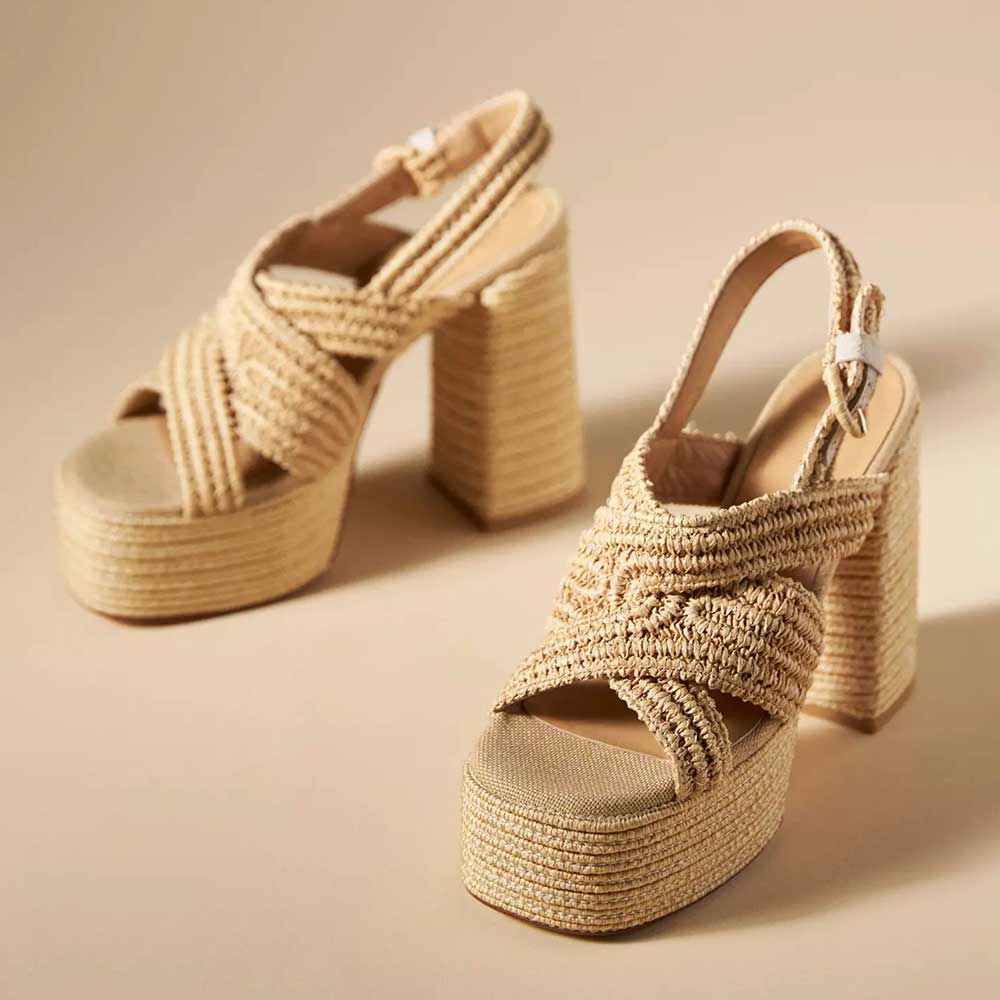 Nude Textile Woven Criss-Cross Strap Heeled Platform Sandals