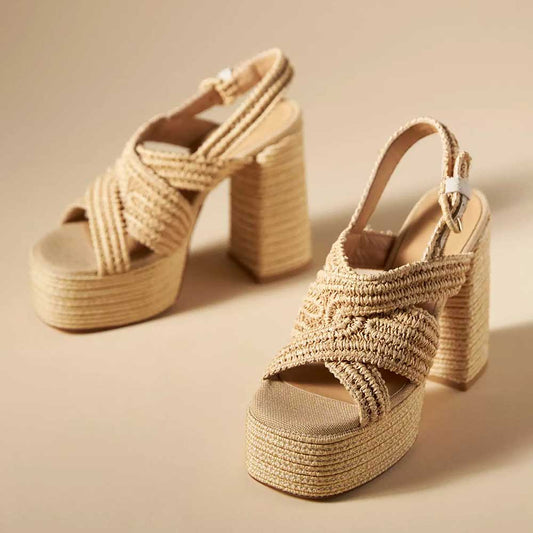 Nude Textile Woven Criss-Cross Strap Heeled Platform Sandals