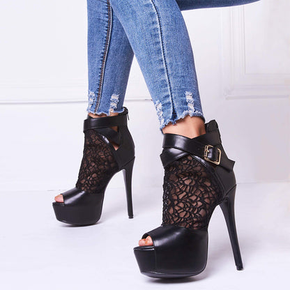 Black Peep Toe Platform Shoes Women's Stilettos Heel Lace Ankle Boots