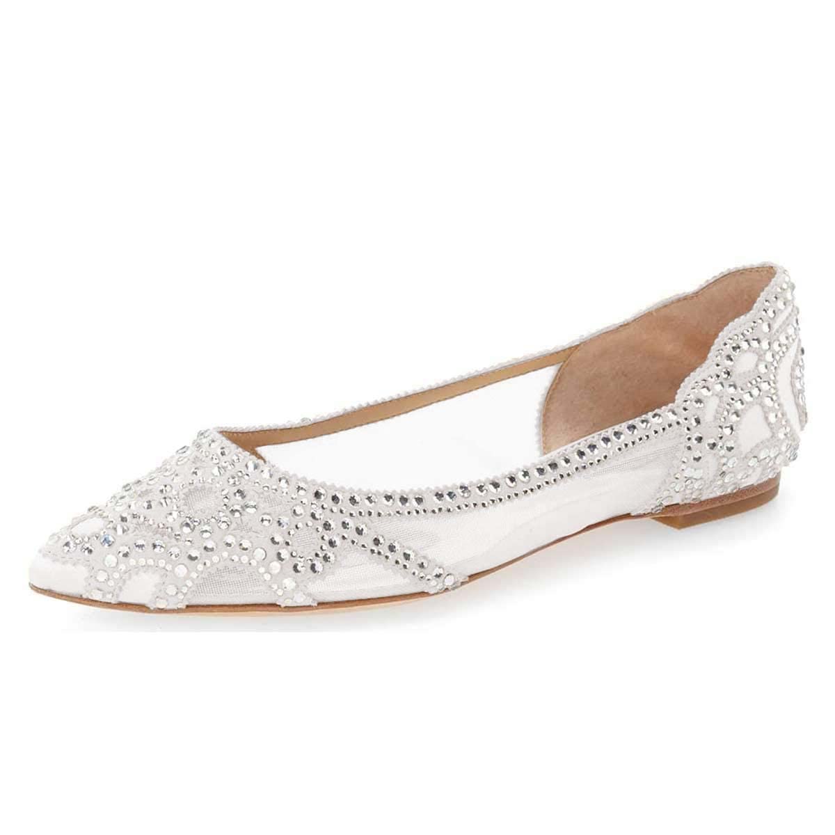 Elegant Mesh Slip-on Low Heels Pointed Toe Rhinestone Ballet Flats
