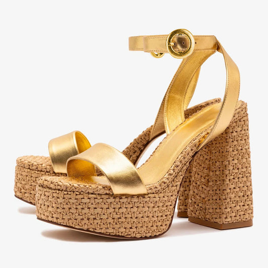 Gold Metallic Finish Open-Toe Woven Platform Sandals for Women