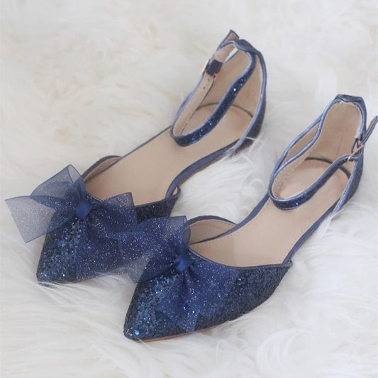 Navy Glitter Evening Shoes Ankle Strap Mesh Bow Pointed Toe Flats