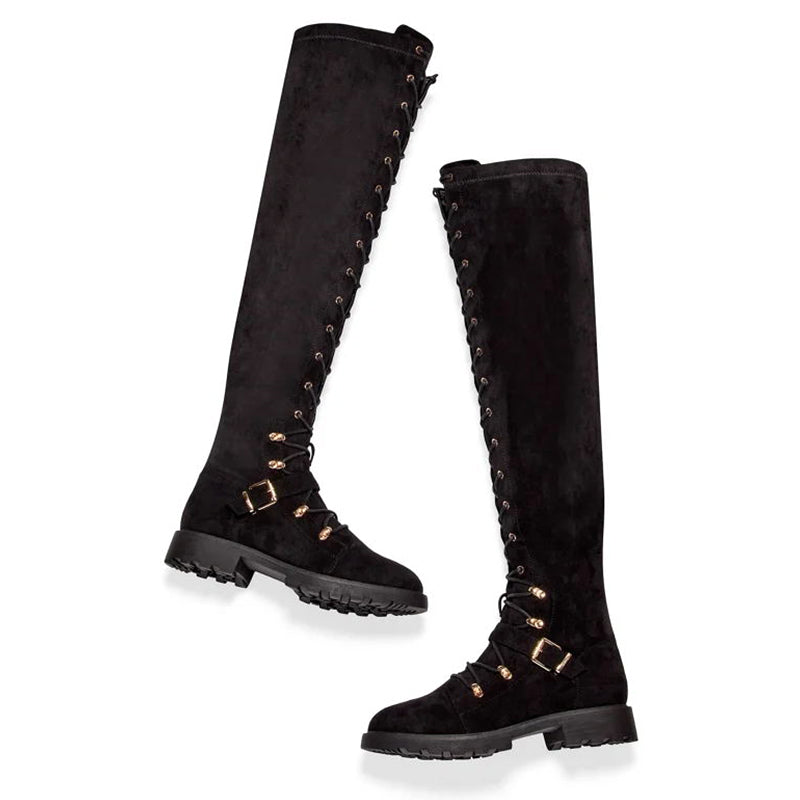 Black Round Toe Buckle Strap Flats Over-the-Knee Lace Up Boots