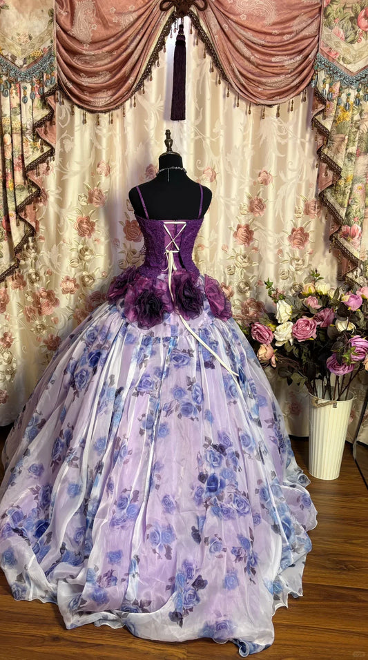 Gorgeous Lilac Floral Spaghetti Strap Chiffon Sweet 16 Quinceanera A-Line Evening Dress Ball Gown TP4284