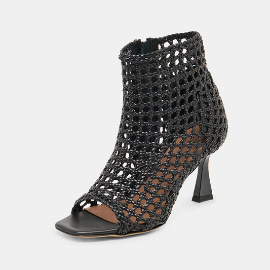 Women's Black Woven Cut Out Flared Heel Open Toe Booties with Zipper