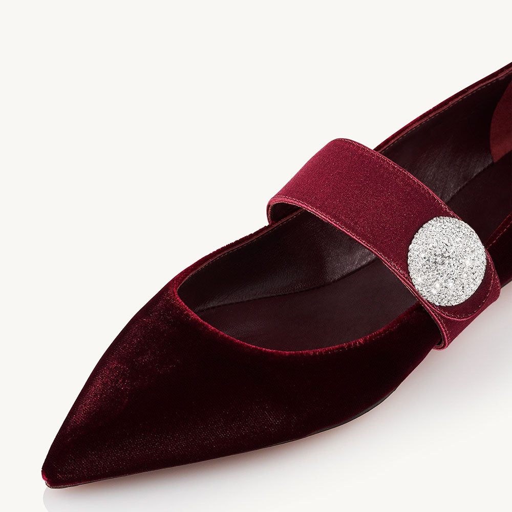 Maroon Velvet & Satin Pointed Toe Mary Jane Flats