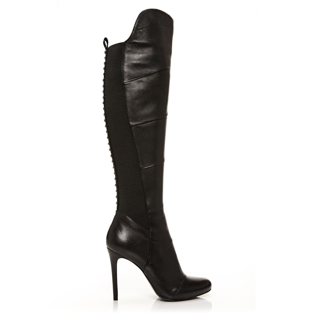 Black Closed Toe Stiletto Heel Stretch Knee High Boots for Women