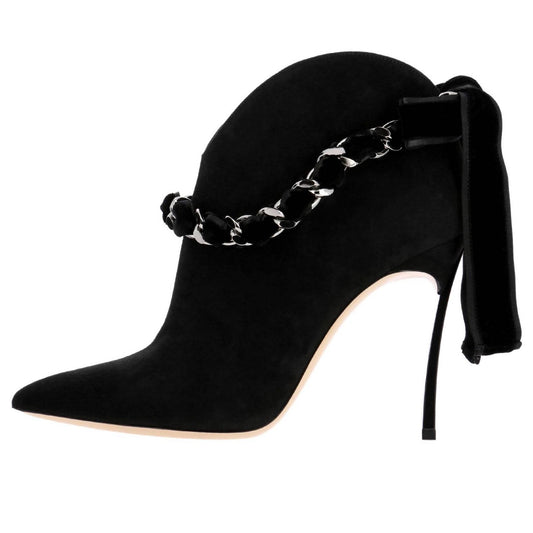 Black Chains Embellished Tie Back Blade Heel Pointed Toe Ankle Boots
