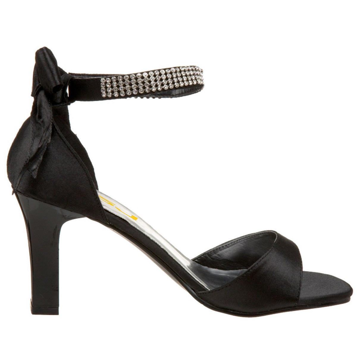 Black Bow Rhinestone Ankle Strap Chunky Heel Dress Sandals for Women