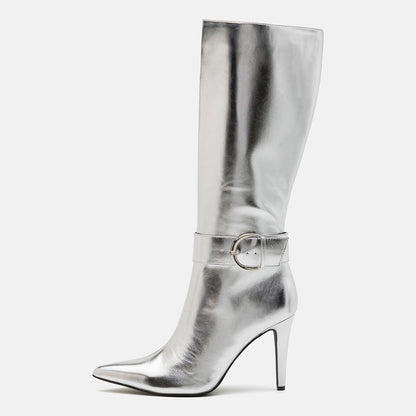 Silver Stiletto Heel Zipper Pointed Toe Buckle Strap Mid Calf Boots