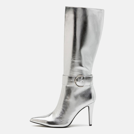 Silver Stiletto Heel Zipper Pointed Toe Buckle Strap Mid Calf Boots