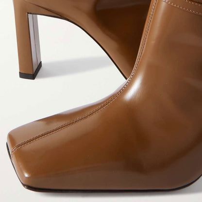 Brown Vegan Leather Square Toe Chunky Heel Wide Calf Knee High Boots
