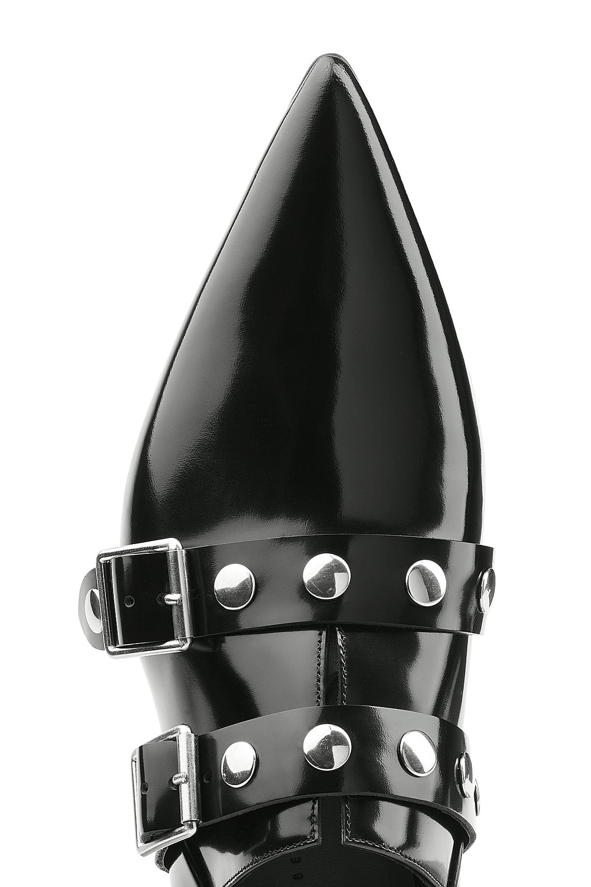 Black Patent Leather Pointed-Toe Buckle Strap Flats with Studs