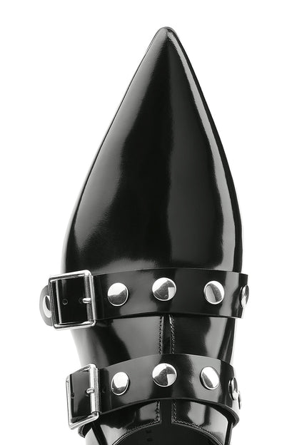 Black Patent Leather Pointed-Toe Buckle Strap Flats with Studs