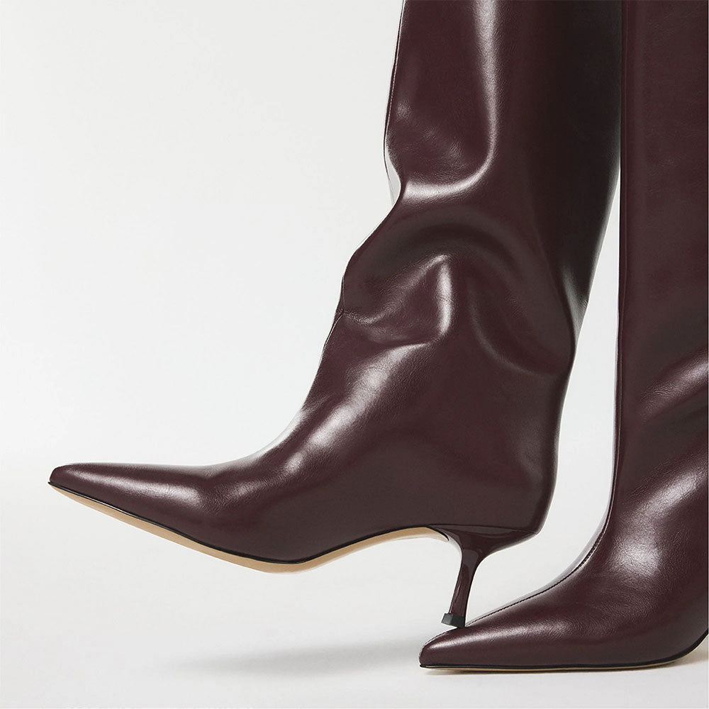 Vegan Leather Stiletto Heel Pointed Toe Knee High Boots in Burgundy