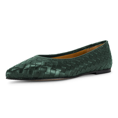 Women's Dark Green Comfy Vegan Leather Woven Pointed Toe Flats