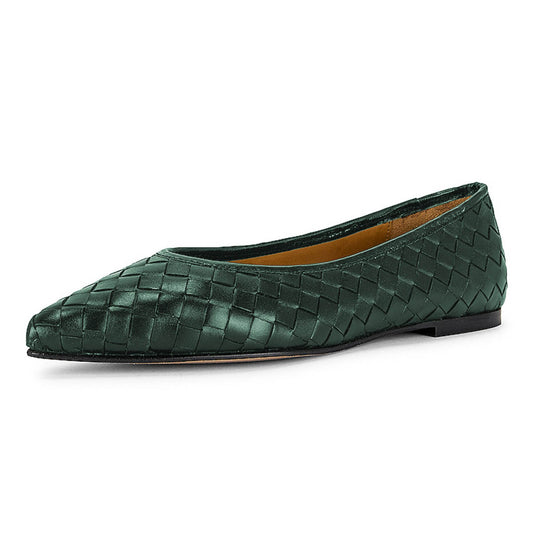 Women's Dark Green Comfy Vegan Leather Woven Pointed Toe Flats