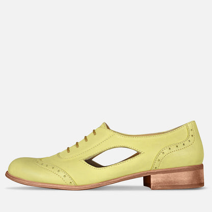 Yellow Vegan Leather Rounded Toe Chunky Heel Lace Up Oxford Shoes