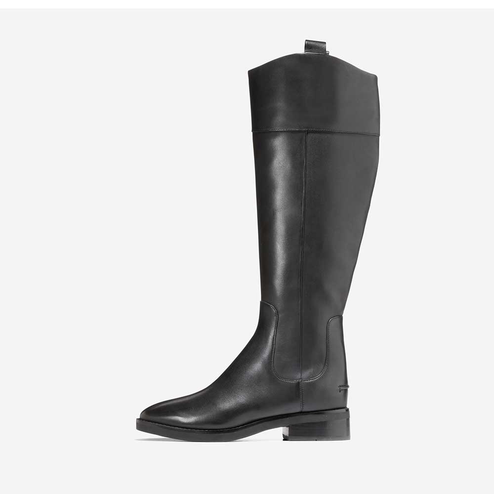 Black Vegan Leather Closed Toe Chunky Heel Knee High Boots