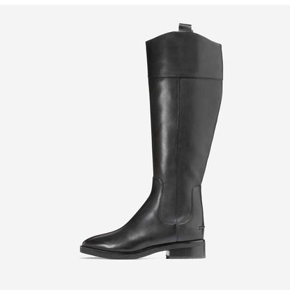 Black Vegan Leather Closed Toe Chunky Heel Knee High Boots