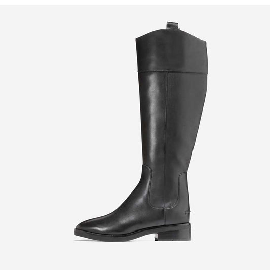 Black Vegan Leather Closed Toe Chunky Heel Knee High Boots