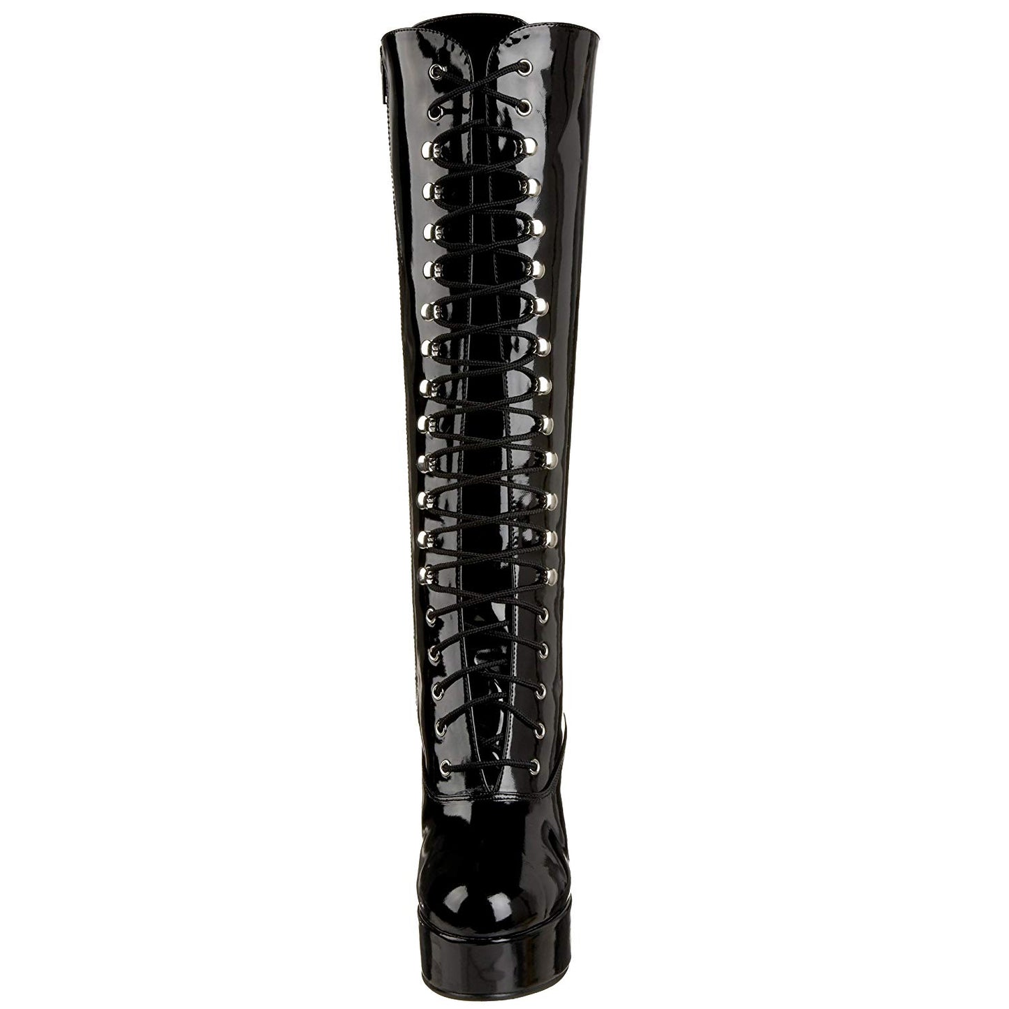 Vintage Black Patent Leather Lace-Up Knee High Boots with Platform